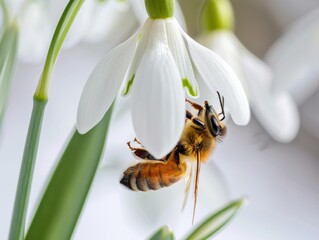 Naklejka premium A honeybee perched on a white daffodil, sipping nectar on a white background