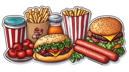 A delicious spread of fast food, including a burger, fries, hot dogs, and a drink.