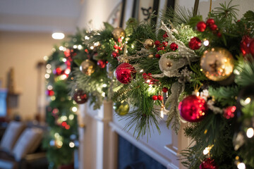 Elegant Christmas Garland with Red and Gold Ornaments on White Bannister with Twinkling Lights