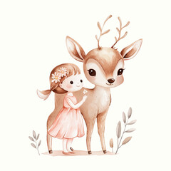 Vector watercolor illustration of a cute little girl standing with a fawn and holding a flower