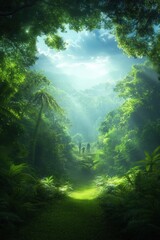 Fototapeta premium Lush green jungle landscape with sunlight streaming through the trees