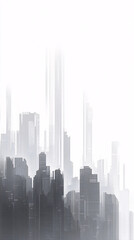 Monochromatic abstract cityscape with tall skyscrapers fading into a white atmospheric background  
