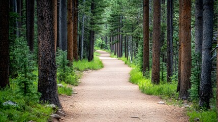 Obraz premium Peaceful forest trail, surrounded by tall pine trees, a soft blanket of needles underfoot, and birds singing