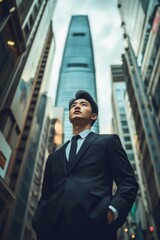 Obraz na płótnie Canvas Young businessman looking up at skyscrapers in financial district