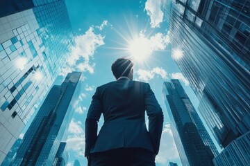 Fototapeta premium Businessman looking up at the sky surrounded by skyscrapers