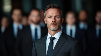 Confident businessman in a dark suit standing in a crowd