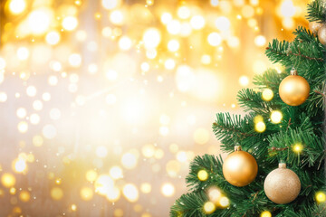 Fototapeta premium A beautifully decorated Christmas tree adorned with sparkling lights and traditional ornaments, creating a warm holiday ambiance. Generative AI