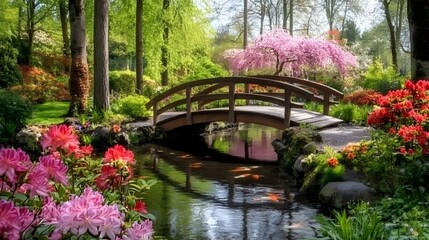 Peaceful garden featuring blooming flowers, a tranquil koi pond, and a charming small wooden bridge. The serene setting invites relaxation and reflection amidst vibrant natural beauty.