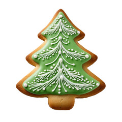 A green and white Christmas tree cookie with white icing