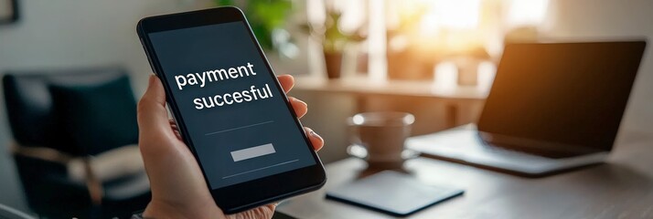 A mobile phone showing a 'payment succesful' screen is held by a hand in a modern office environment with a blurred laptop and other objects in the background.