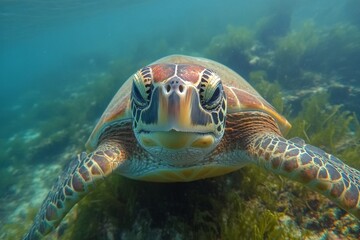 Fototapeta premium A green sea turtle gracefully swims through clear turquoise waters near a coral reef