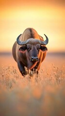 A majestic buffalo stands serenely in golden grass at sunset, showcasing nature's beauty in vibrant hues and pure tranquility