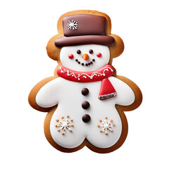 A gingerbread man with a red scarf and a hat on his head. The gingerbread man is smiling and he is happy