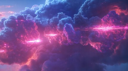 Futuristic Digital Clouds with Glowing Data Streams - Abstract Technology and Big Data Concept in Neon Colors