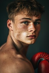 Obraz premium Young boxer with freckles putting on boxing gloves