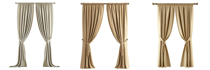 Collection set of A 3D realistic beige curtains with tie-back, isolated on transparent background cutout,