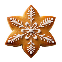 A cookie with a snowflake design on it. The cookie is decorated with white icing and has a yellow base