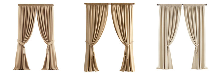 Collection set of A 3D realistic beige curtains with tie-back, isolated on transparent background cutout,