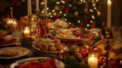 Christmas Holiday Feast Table Decorated with Traditional Food and Festive Candles