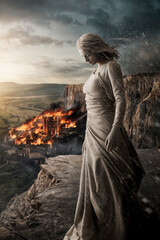 Lot's Wife Turns Her Head Toward Sodom, Her Body Beginning to Solidify into a Pillar of Salt as the City Burns in the Distance Behind Her