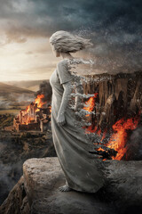 Lot's Wife: A Solemn Transformation as She Looks Back at Sodom's Flames, Defying Divine Command and Becoming a Pillar of Salt in the Wasteland of Destruction and Judgment