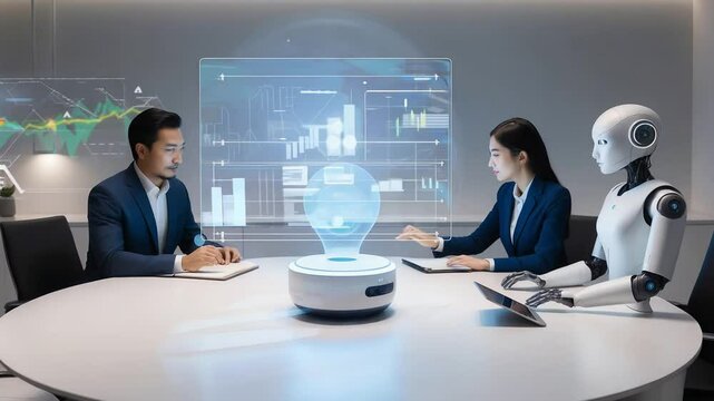 Futuristic Business Meeting with Robots and Holographic Display