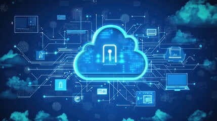 Secure Cloud Network with Digital Connections - Futuristic Illustration of Data Storage and Cyber Security