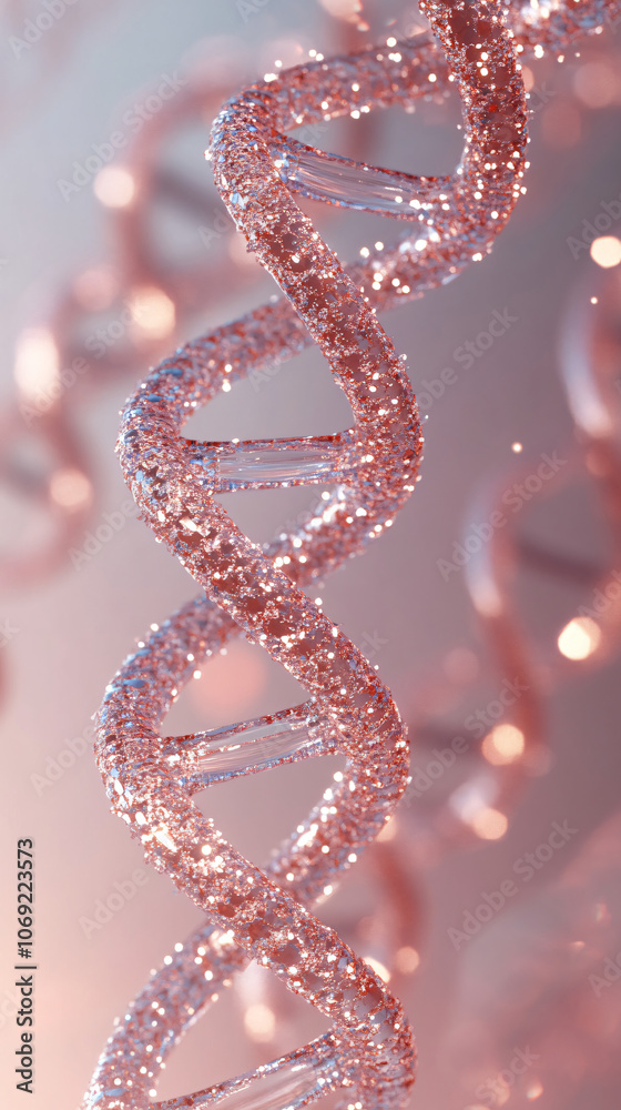 Fototapete Mesmerizing rotating dna helix with shimmering particles on blurred backdrop, capturing genetics essence in vibrant colors. Perfect for biology concepts