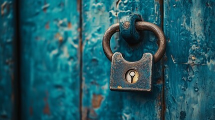 A rustic padlock secures a weathered turquoise wooden door in a tranquil outdoor setting during the golden hour