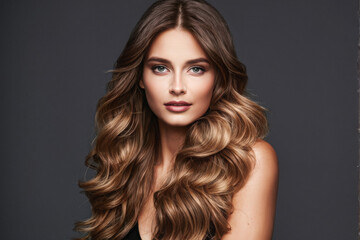 Fototapeta premium A close-up portrait of a model with long, wavy hair, showcasing her natural beauty and elegant hairstyle against a dark backdrop. Generative AI