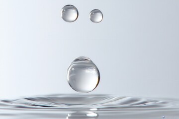 Floating water droplets against a white background