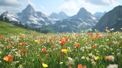 Fototapeta premium Peaceful meadow adorned with blooming flowers, a gentle breeze rustling through, and a distant mountain range creating a serene backdrop