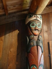 Traditional totem pole standing inside wooden building