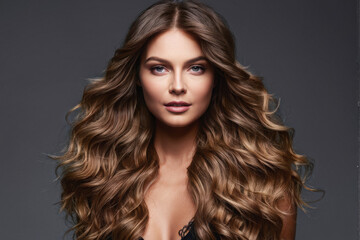 Fototapeta premium Close-up portrait of a young woman with voluminous, flowing wavy hair, showcasing elegance and beauty. Generative AI