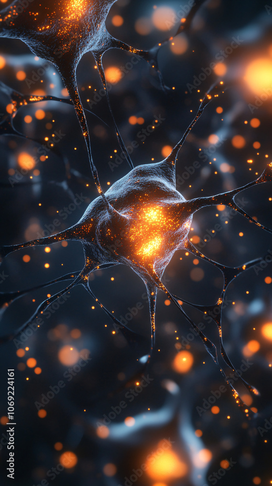 Poster 3d rendered illustration showing active neurons firing and transmitting electrical signals