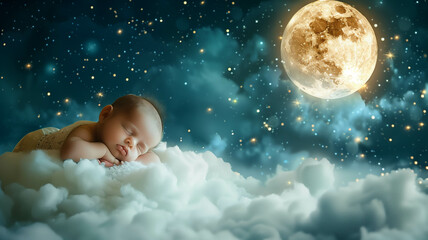 An adorable baby resting on a bed of clouds, illuminated by gentle moonlight and sparkling stars, creating a dreamy atmosphere