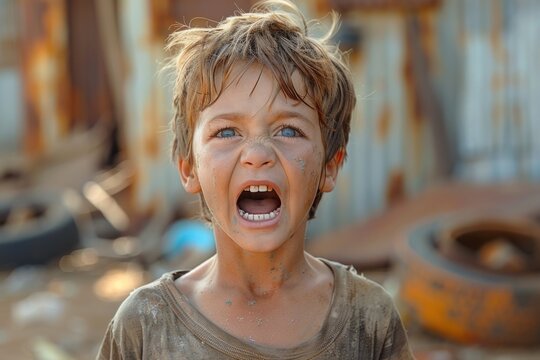Distressed young boy cries out amidst the chaos of a war environment, dirt on his face and desperation in his eyes, symbolizing the innocence affected by conflict