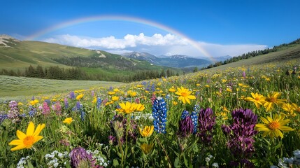 Obraz premium Peaceful meadow adorned with blooming flowers, a gentle breeze rustling through, and a distant mountain range creating a serene backdrop