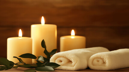 Relaxing Spa Scene with Rolled Towels, Candles, and Greenery