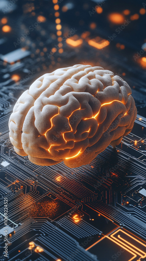 Leinwandbilder 3d rendering of a human brain glowing over a motherboard, symbolizing the potential of artificial in