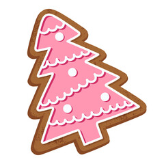 Festive gingerbread cookie shaped like a Christmas tree with soft pink icing and white balls. Isolated on white. Seasonal baking, and decorations.  Perfect for christmas cards, ads, and backgrounds.