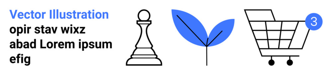 Chess pawn, blue leaf, and shopping cart with notification icon. Ideal for strategy, nature, environment, shopping, business, ecommerce, and notifications. Perfect for digital marketing, online