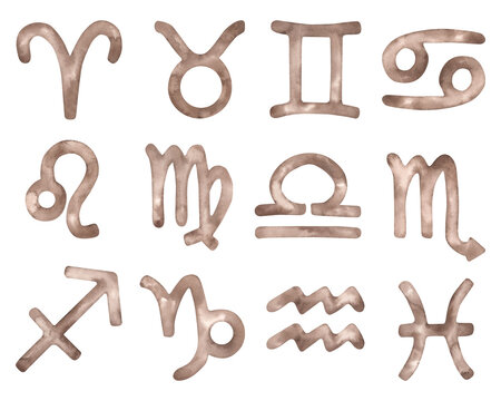 Zodiac watercolor hand-drawn illustration with symbols aries, taurus, gemini, cancer, leo, virgo, libra, scorpio, sagittarius, capricorn, aquarius, pisces. Horoscope set of 12 symbols