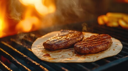 Sizzling steak on a hot grill with flames and smoke