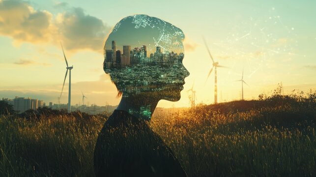 Double exposure graphic of business people working over wind turbine farm and green renewable energy worker interface. Concept of sustainability development by alternative energy. uds