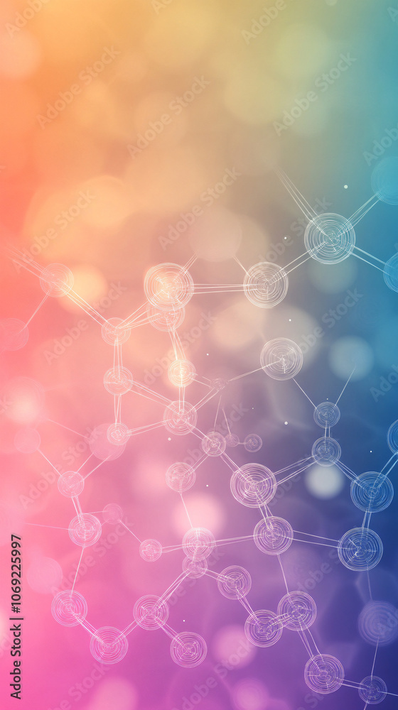Poster abstract molecules forming structure with bokeh and blur effect on colorful background