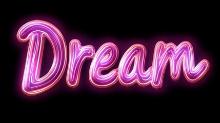 Psychedelic art featuring the word Dream in vibrant, fluid typography against a dark backdrop with gradient lighting