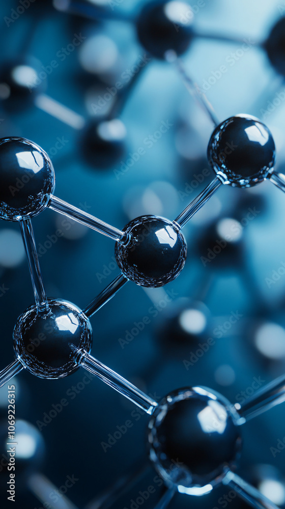 Poster molecular structure with shallow depth of field reflecting light in 3d rendering
