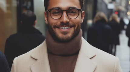 Fototapeta premium A Stylish Man in an Urban Setting wears a Brown Turtleneck and glasses, looking chic