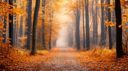Fototapeta premium Quiet autumn forest path covered in fallen leaves, surrounded by trees with vibrant orange and yellow foliage, and a soft mist that adds a serene and peaceful ambiance.
